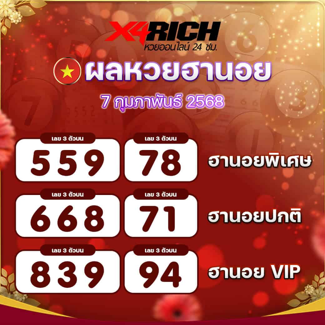 ผลหวยฮานอย งวดวันที่ 7 กุมภาพันธ์ 2568