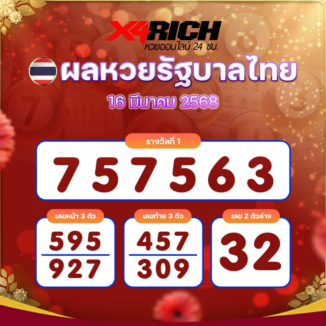 ผลหวยรัฐบาลไทย งวดวันที่ 16 มีนาคม 2568