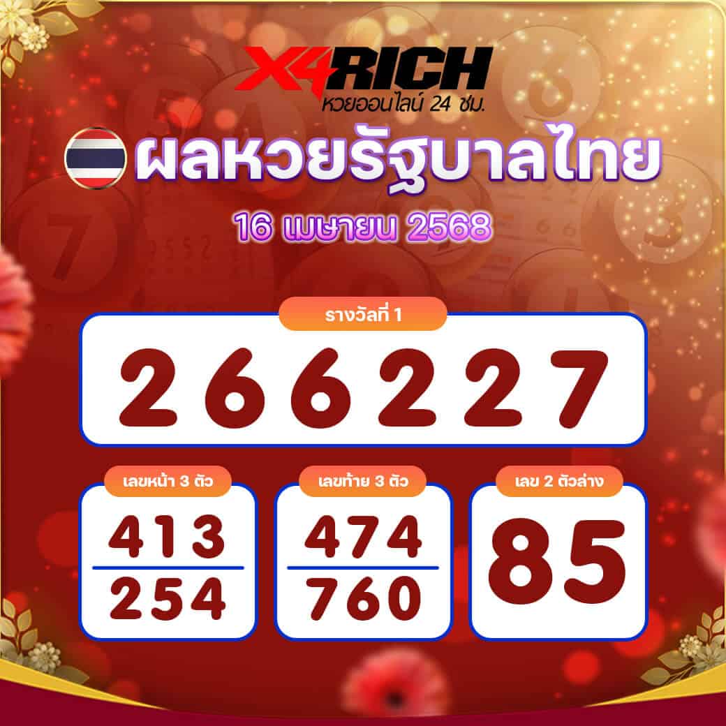 ผลหวยรัฐบาลไทย งวดวันที่ 16 เมษายน 2568