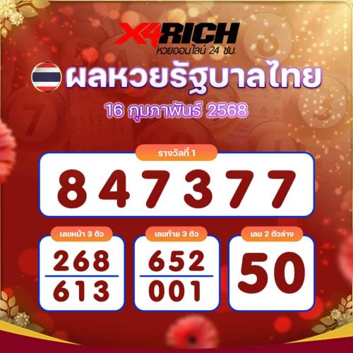 ผลหวยรัฐบาลไทย งวดวันที่ 16 กุมภาพันธ์ 2568
